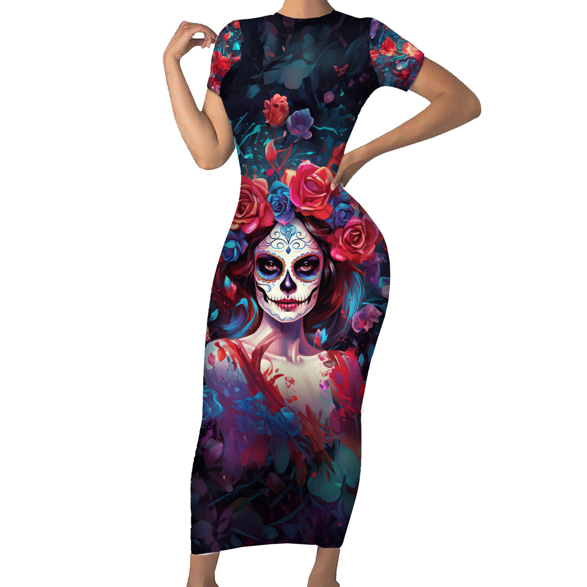 Day of Dead Lady Family Matching Short Sleeve Bodycon Dress and Hawaiian Shirt Sugar Skull Field Rose Lady - Wonder Print Shop