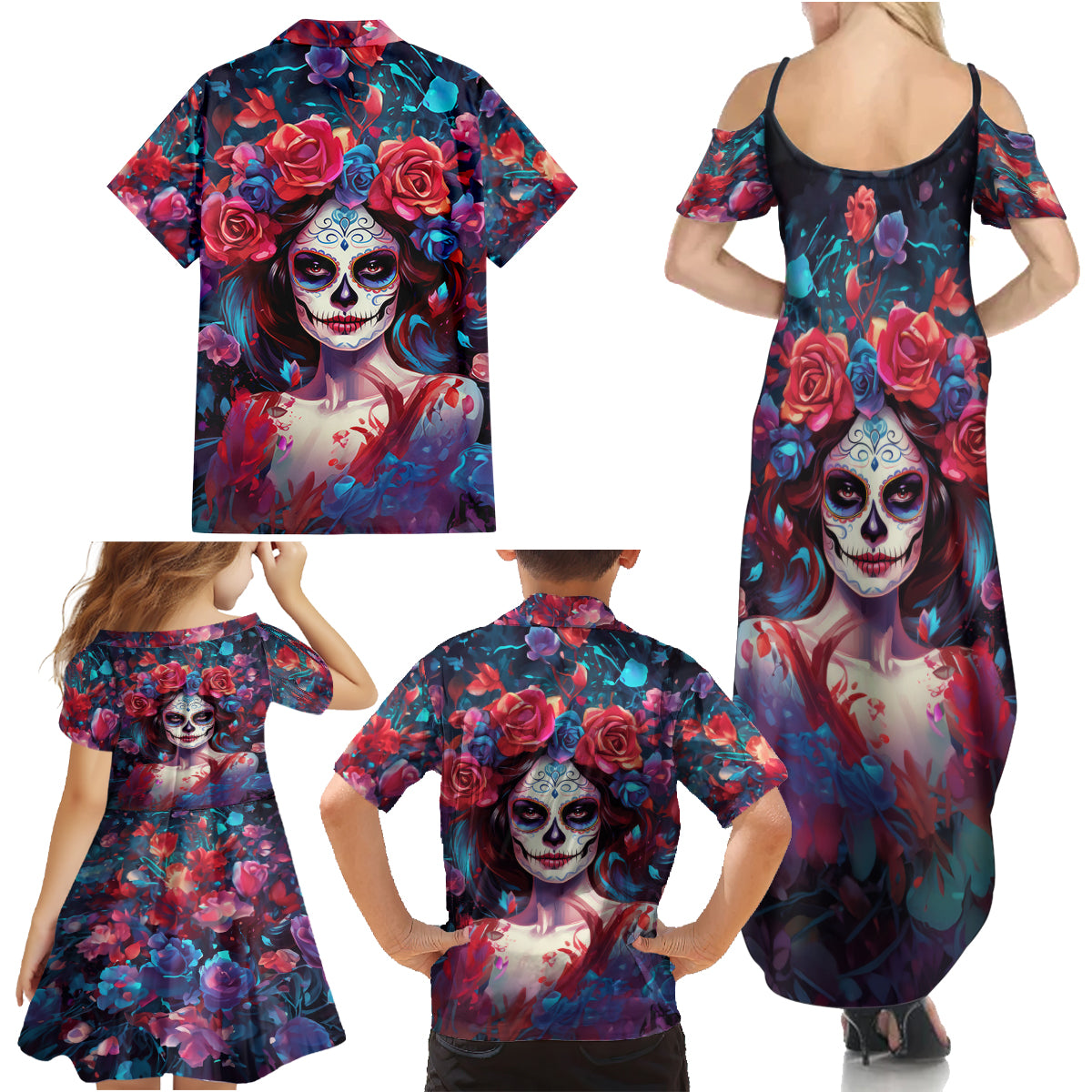 Day of Dead Lady Family Matching Summer Maxi Dress and Hawaiian Shirt Sugar Skull Field Rose Lady - Wonder Print Shop