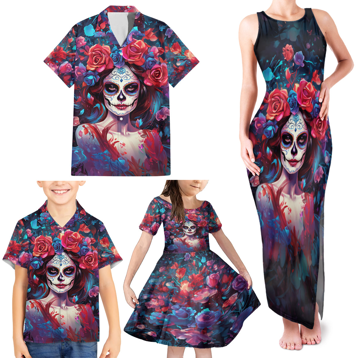 Day of Dead Lady Family Matching Tank Maxi Dress and Hawaiian Shirt Sugar Skull Field Rose Lady - Wonder Print Shop