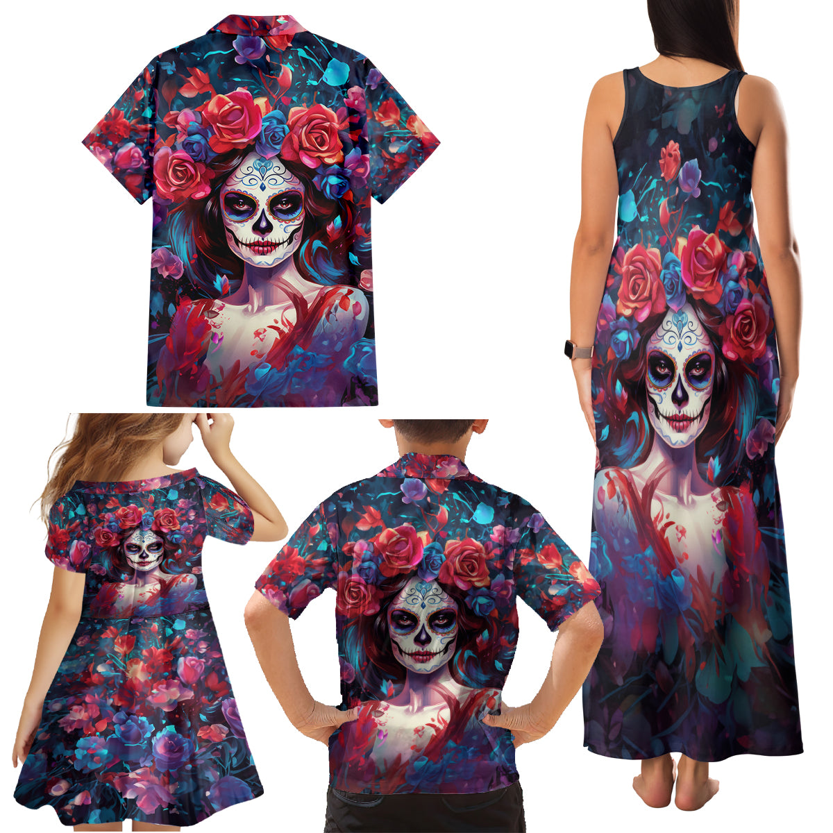 Day of Dead Lady Family Matching Tank Maxi Dress and Hawaiian Shirt Sugar Skull Field Rose Lady - Wonder Print Shop