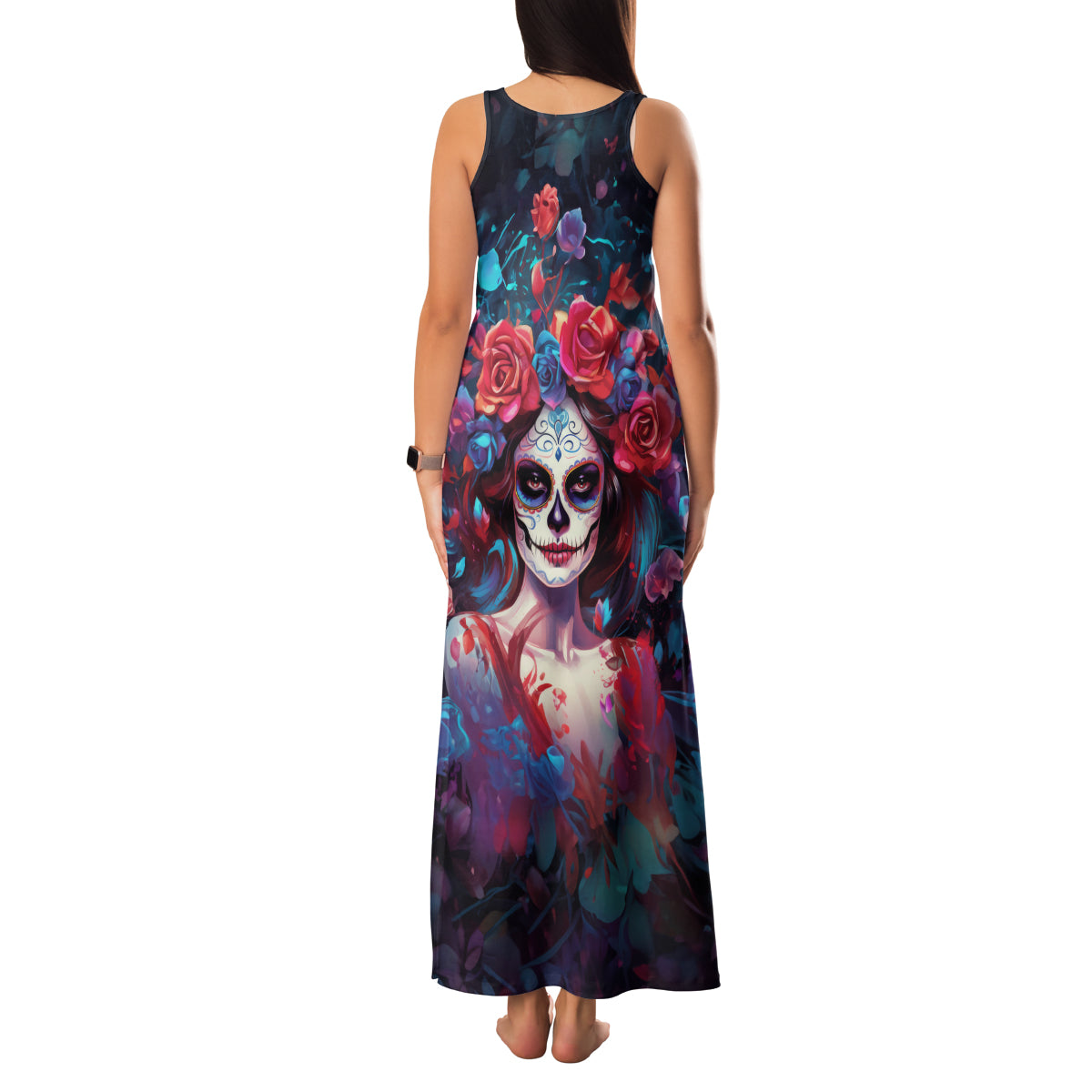 Day of Dead Lady Family Matching Tank Maxi Dress and Hawaiian Shirt Sugar Skull Field Rose Lady - Wonder Print Shop