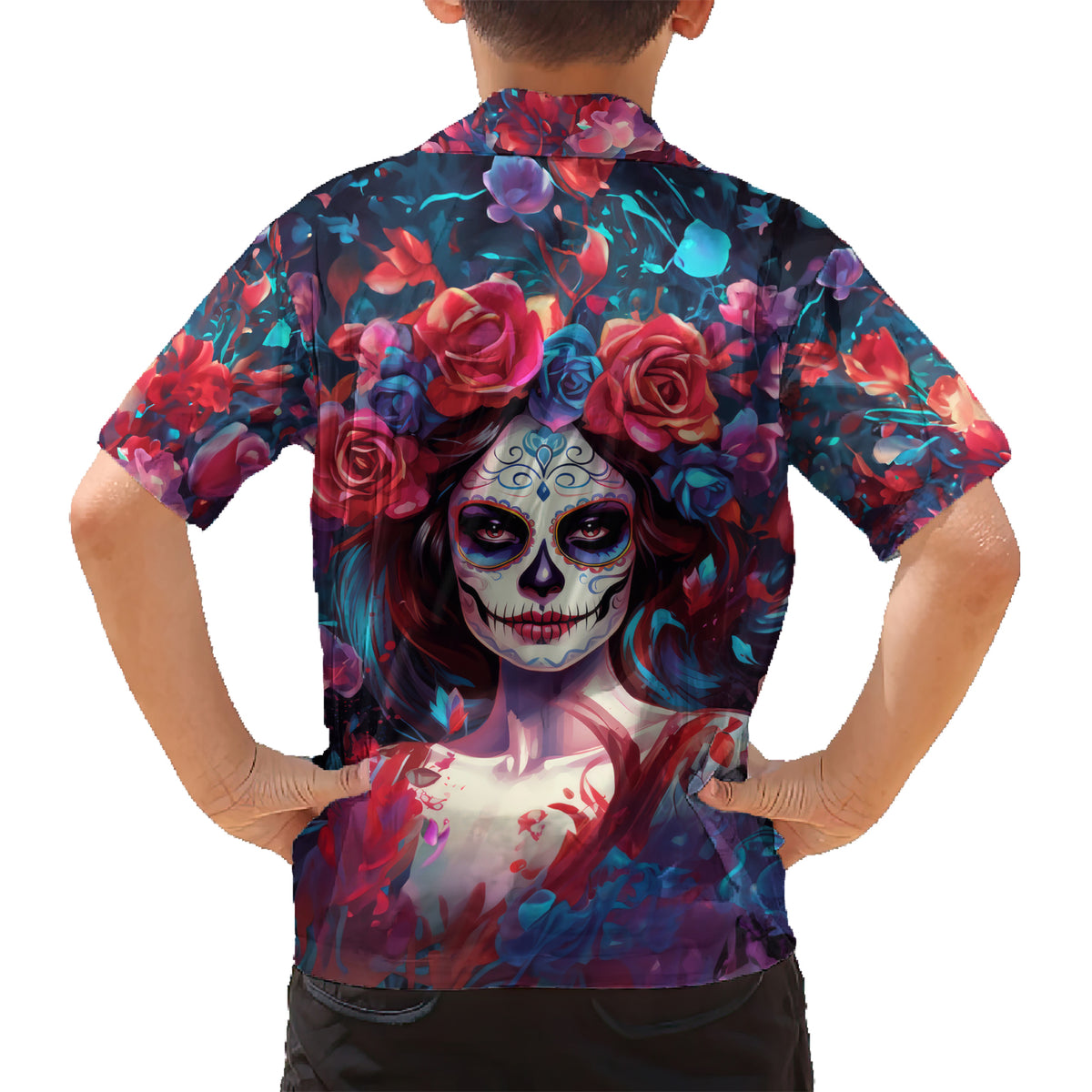 Day of Dead Lady Hawaiian Shirt Sugar Skull Field Rose Lady - Wonder Print Shop