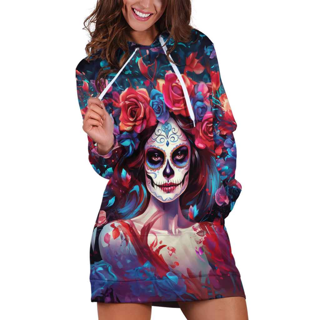 Day of Dead Lady Hoodie Dress Sugar Skull Field Rose Lady - Wonder Print Shop