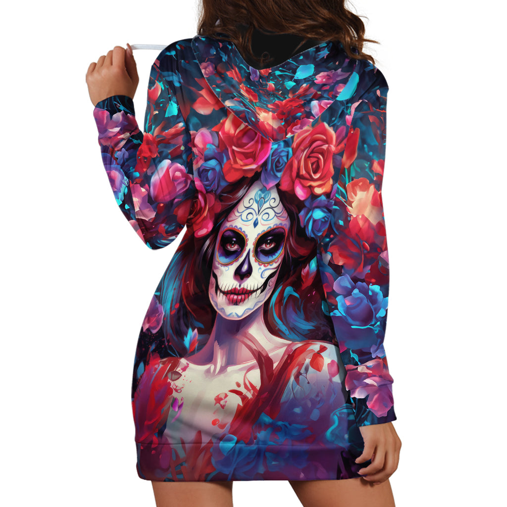 Day of Dead Lady Hoodie Dress Sugar Skull Field Rose Lady - Wonder Print Shop