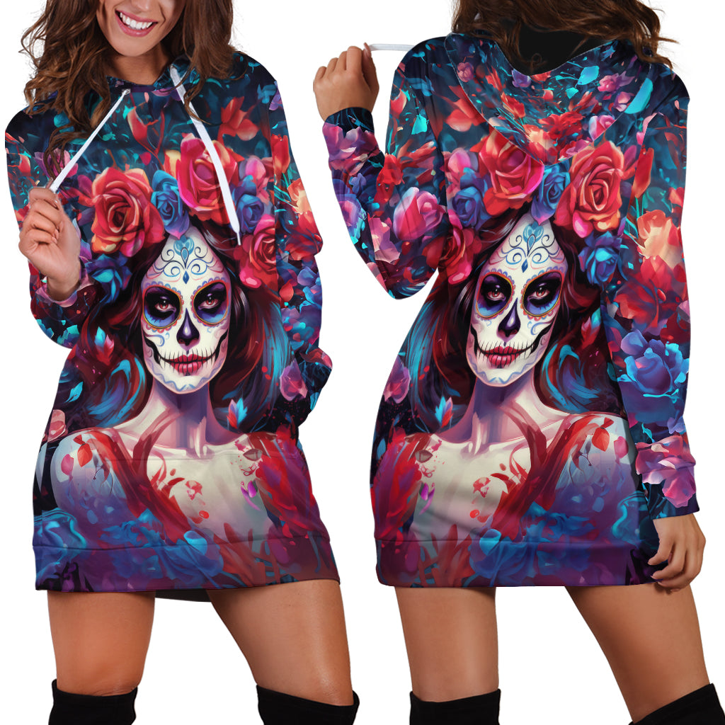 Day of Dead Lady Hoodie Dress Sugar Skull Field Rose Lady - Wonder Print Shop