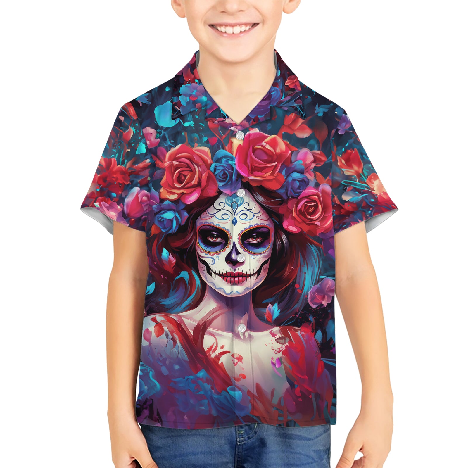 Day of Dead Lady Kid Hawaiian Shirt Sugar Skull Field Rose Lady - Wonder Print Shop