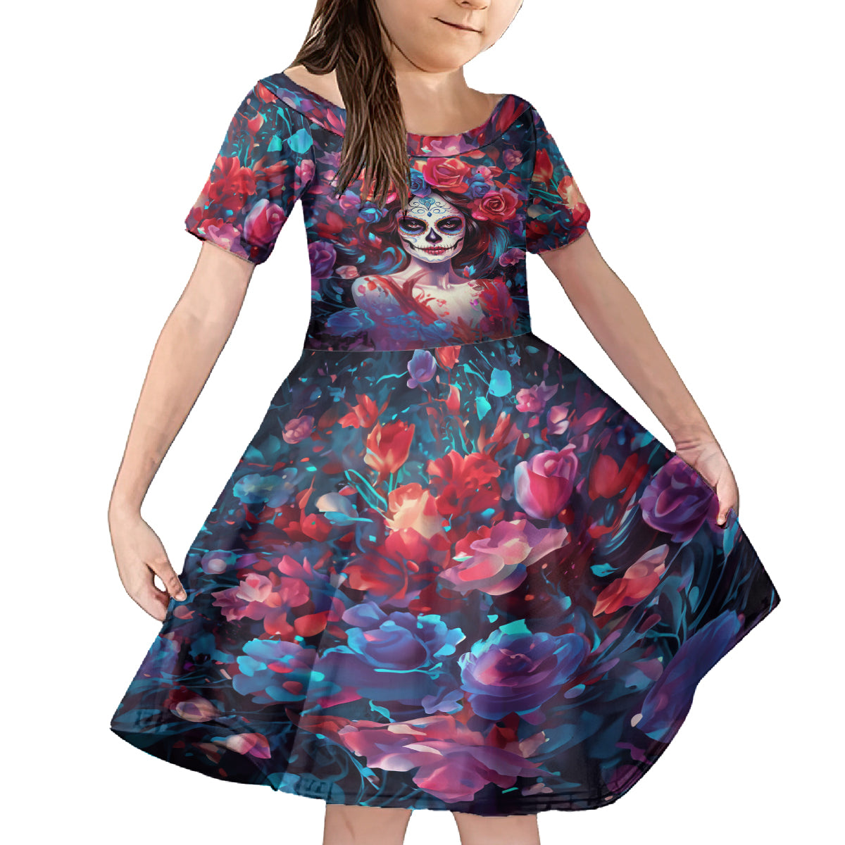 Day of Dead Lady Kid Short Sleeve Dress Sugar Skull Field Rose Lady - Wonder Print Shop