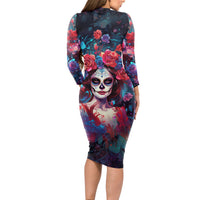 Day of Dead Lady Long Sleeve Bodycon Dress Sugar Skull Field Rose Lady - Wonder Print Shop