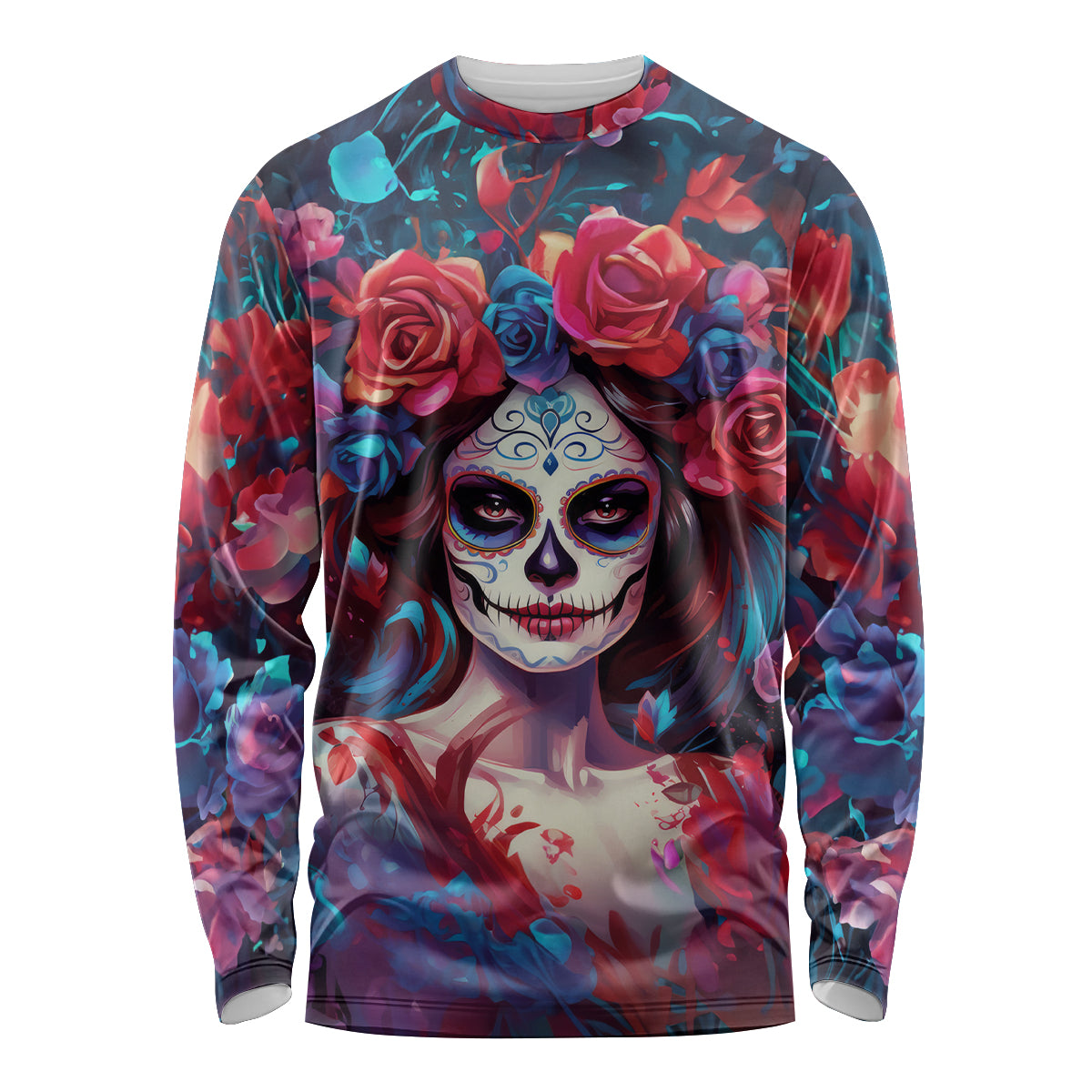 Day of Dead Lady Long Sleeve Shirt Sugar Skull Field Rose Lady - Wonder Print Shop
