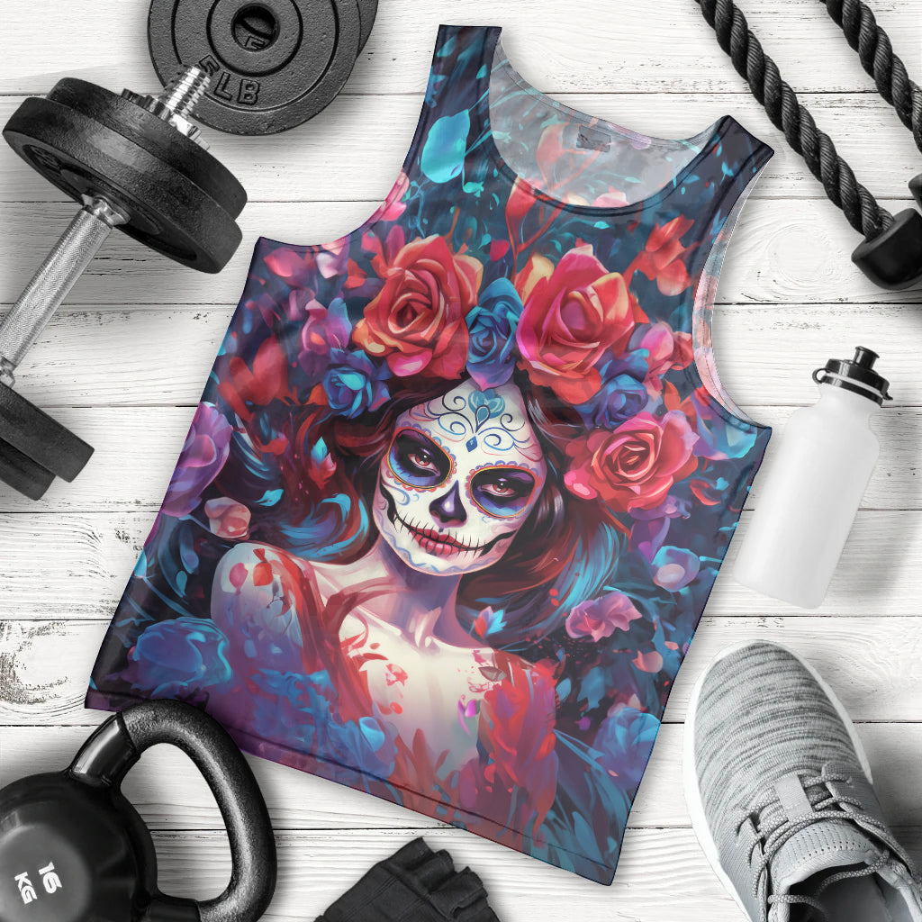 Day of Dead Lady Men Tank Top Sugar Skull Field Rose Lady - Wonder Print Shop