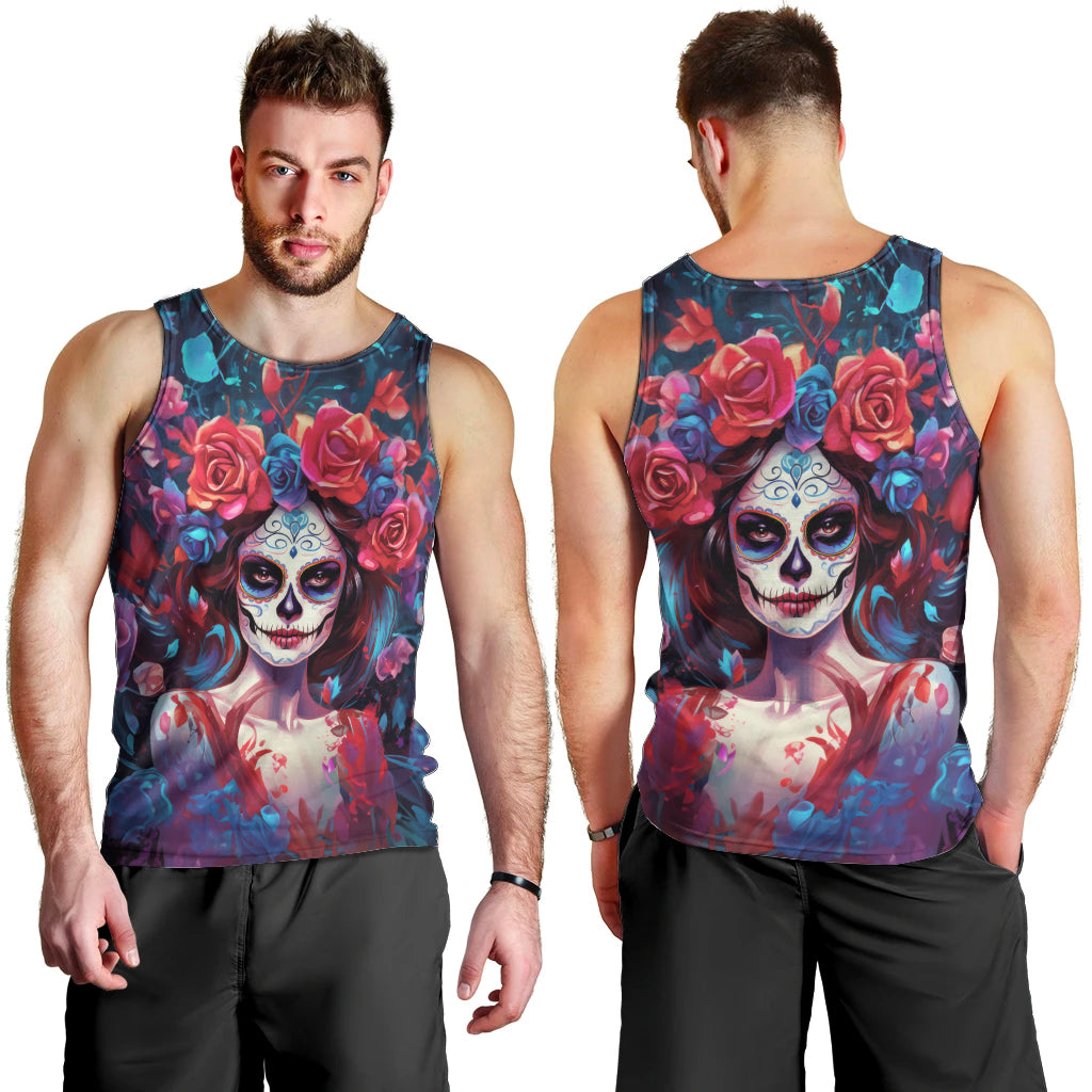 Day of Dead Lady Men Tank Top Sugar Skull Field Rose Lady - Wonder Print Shop