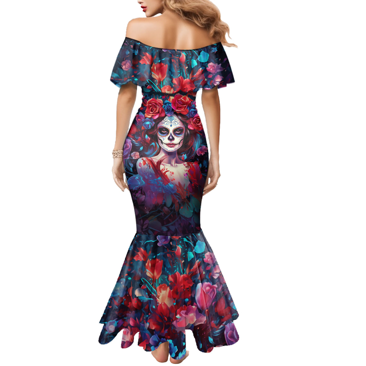 Day of Dead Lady Mermaid Dress Sugar Skull Field Rose Lady - Wonder Print Shop