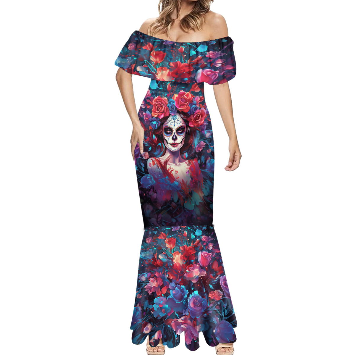 Day of Dead Lady Mermaid Dress Sugar Skull Field Rose Lady - Wonder Print Shop