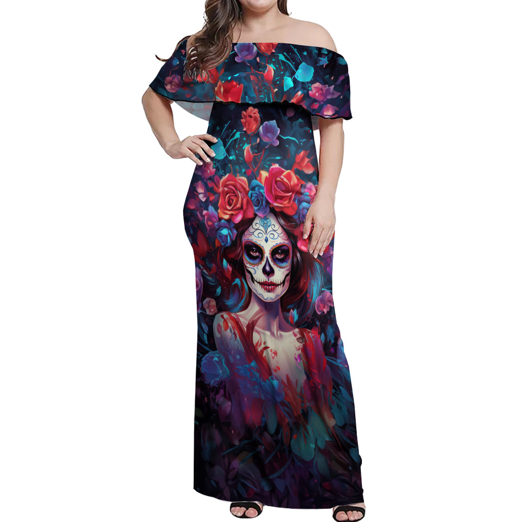 Day of Dead Lady Off Shoulder Maxi Dress Sugar Skull Field Rose Lady - Wonder Print Shop
