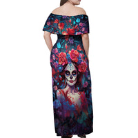 Day of Dead Lady Off Shoulder Maxi Dress Sugar Skull Field Rose Lady - Wonder Print Shop