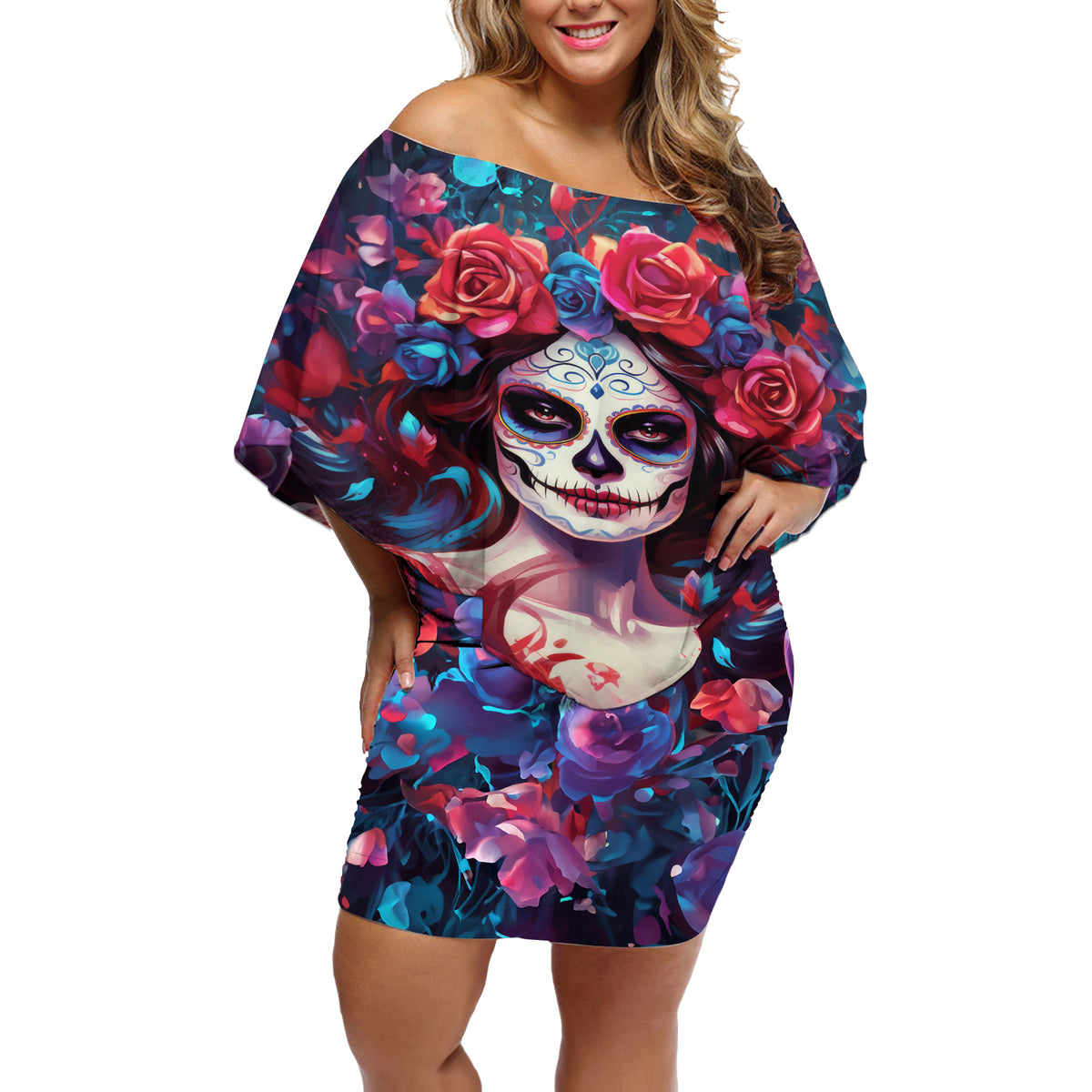 Day of Dead Lady Off Shoulder Short Dress Sugar Skull Field Rose Lady - Wonder Print Shop