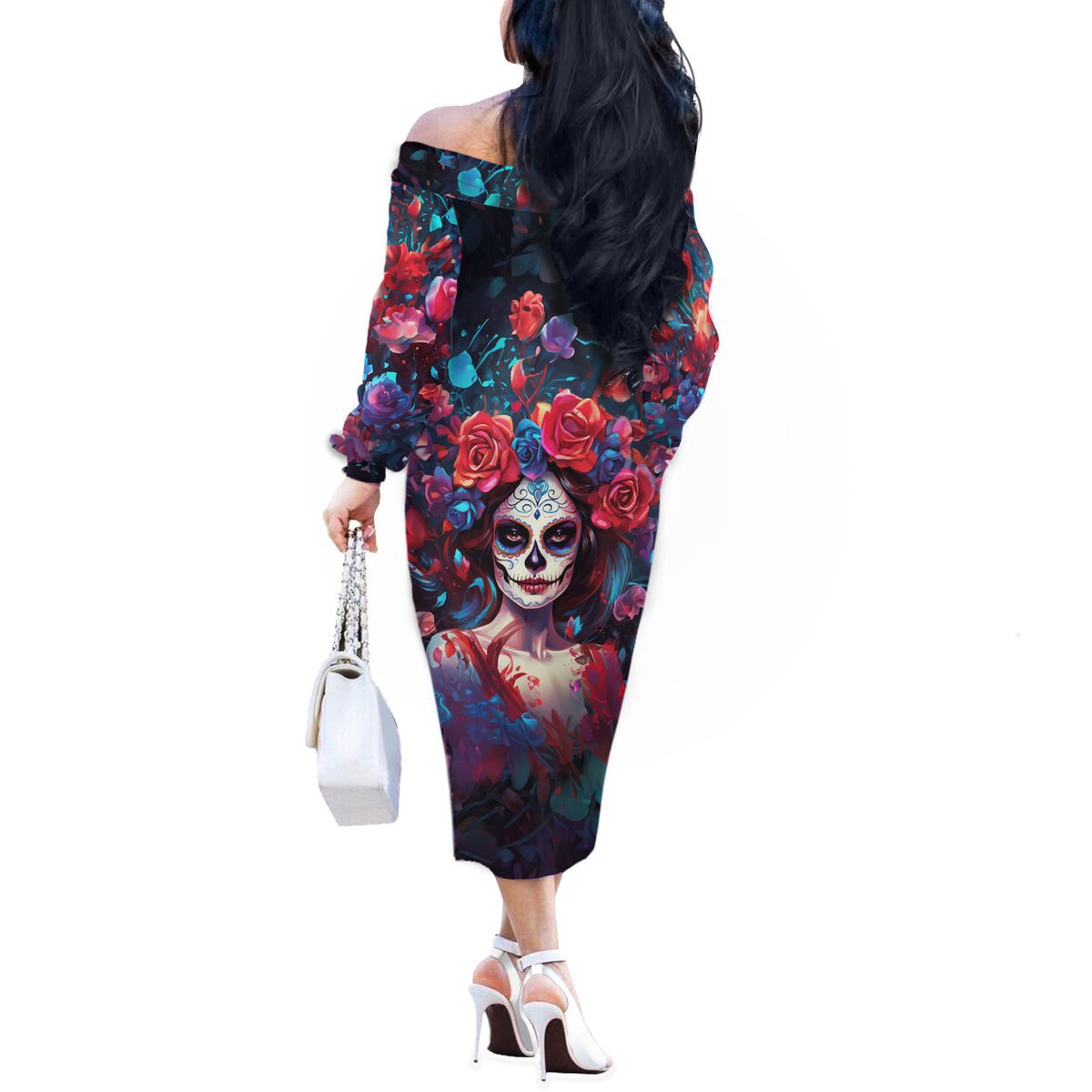 Day of Dead Lady Off The Shoulder Long Sleeve Dress Sugar Skull Field Rose Lady - Wonder Print Shop
