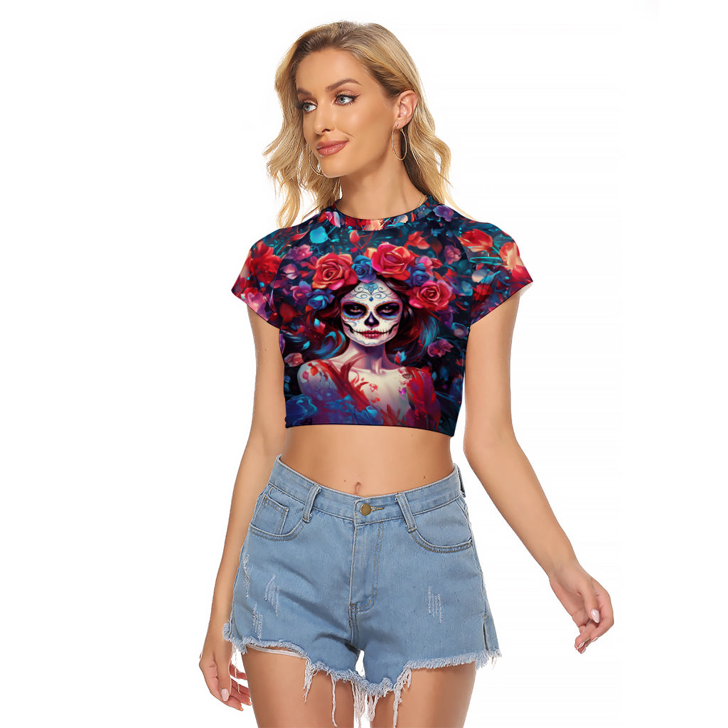 Day of Dead Lady Raglan Cropped T Shirt Sugar Skull Field Rose Lady - Wonder Print Shop