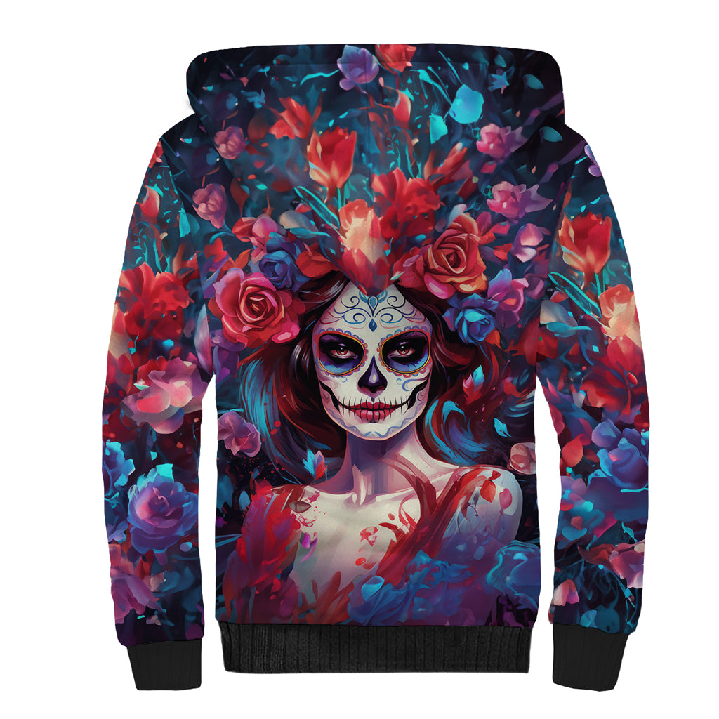 Day of Dead Lady Sherpa Hoodie Sugar Skull Field Rose Lady - Wonder Print Shop