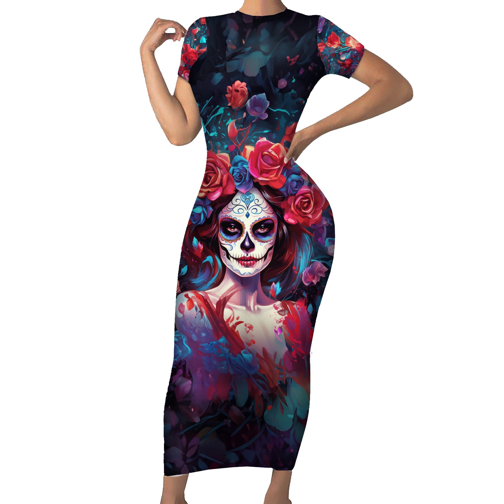 Day of Dead Lady Short Sleeve Bodycon Dress Sugar Skull Field Rose Lady - Wonder Print Shop