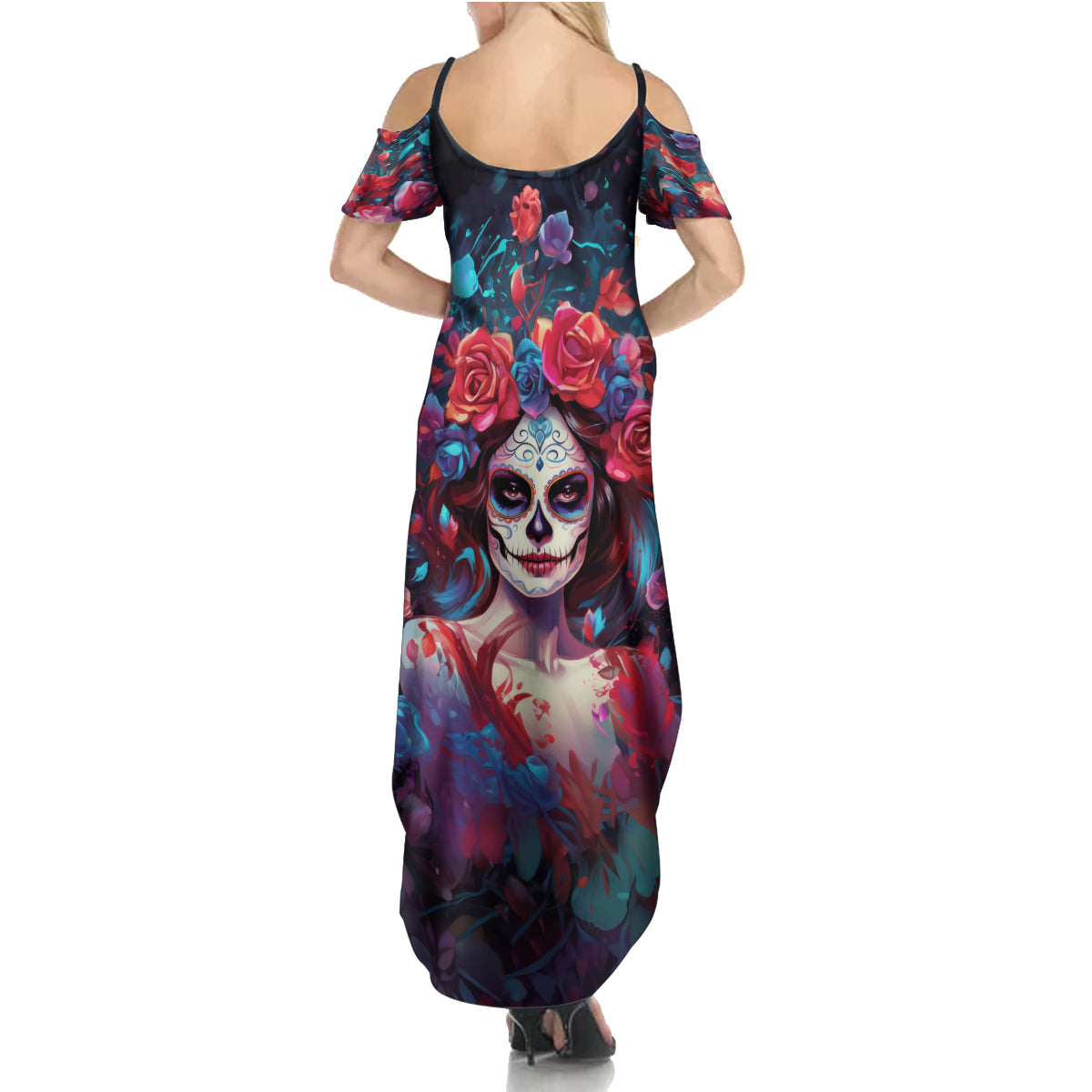 Day of Dead Lady Summer Maxi Dress Sugar Skull Field Rose Lady - Wonder Print Shop
