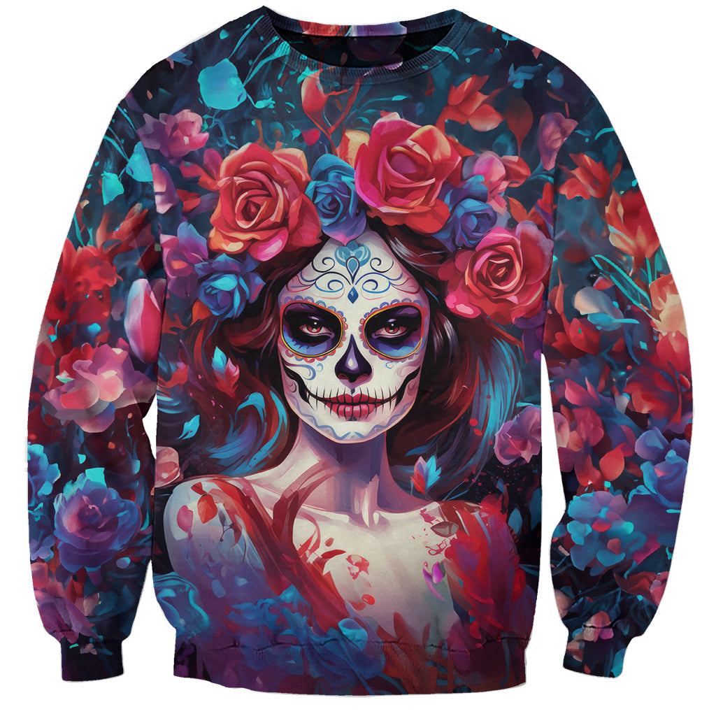 Day of Dead Lady Sweatshirt Sugar Skull Field Rose Lady - Wonder Print Shop