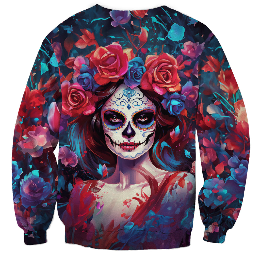 Day of Dead Lady Sweatshirt Sugar Skull Field Rose Lady - Wonder Print Shop