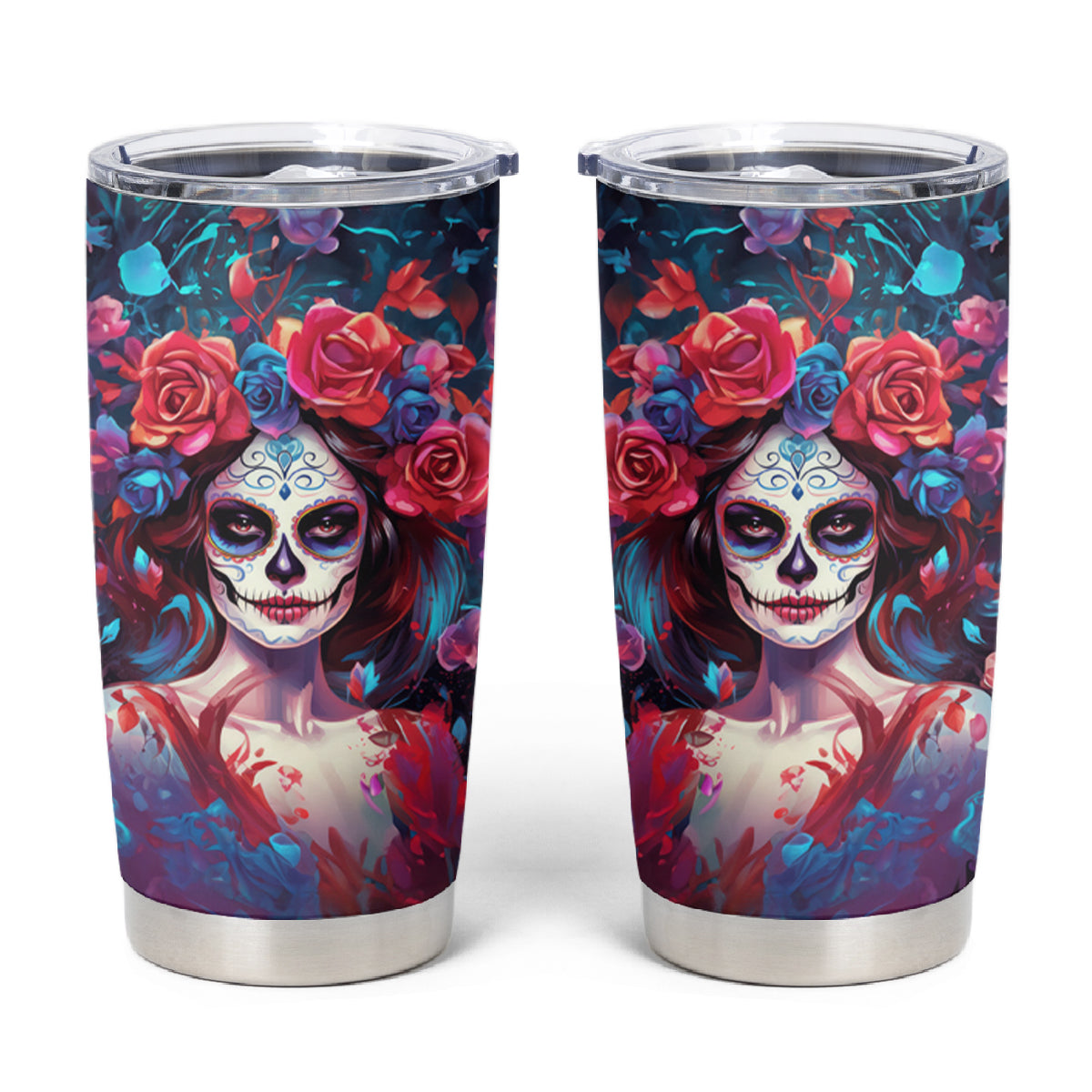 Day of Dead Lady Tumbler Cup Sugar Skull Field Rose Lady - Wonder Print Shop
