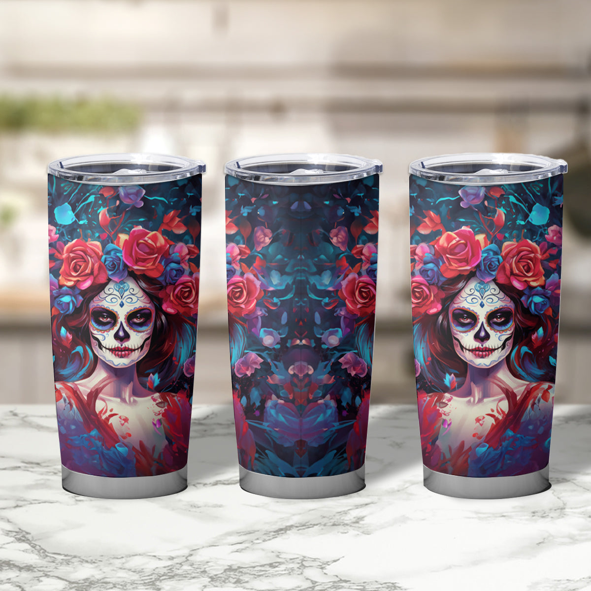 Day of Dead Lady Tumbler Cup Sugar Skull Field Rose Lady - Wonder Print Shop