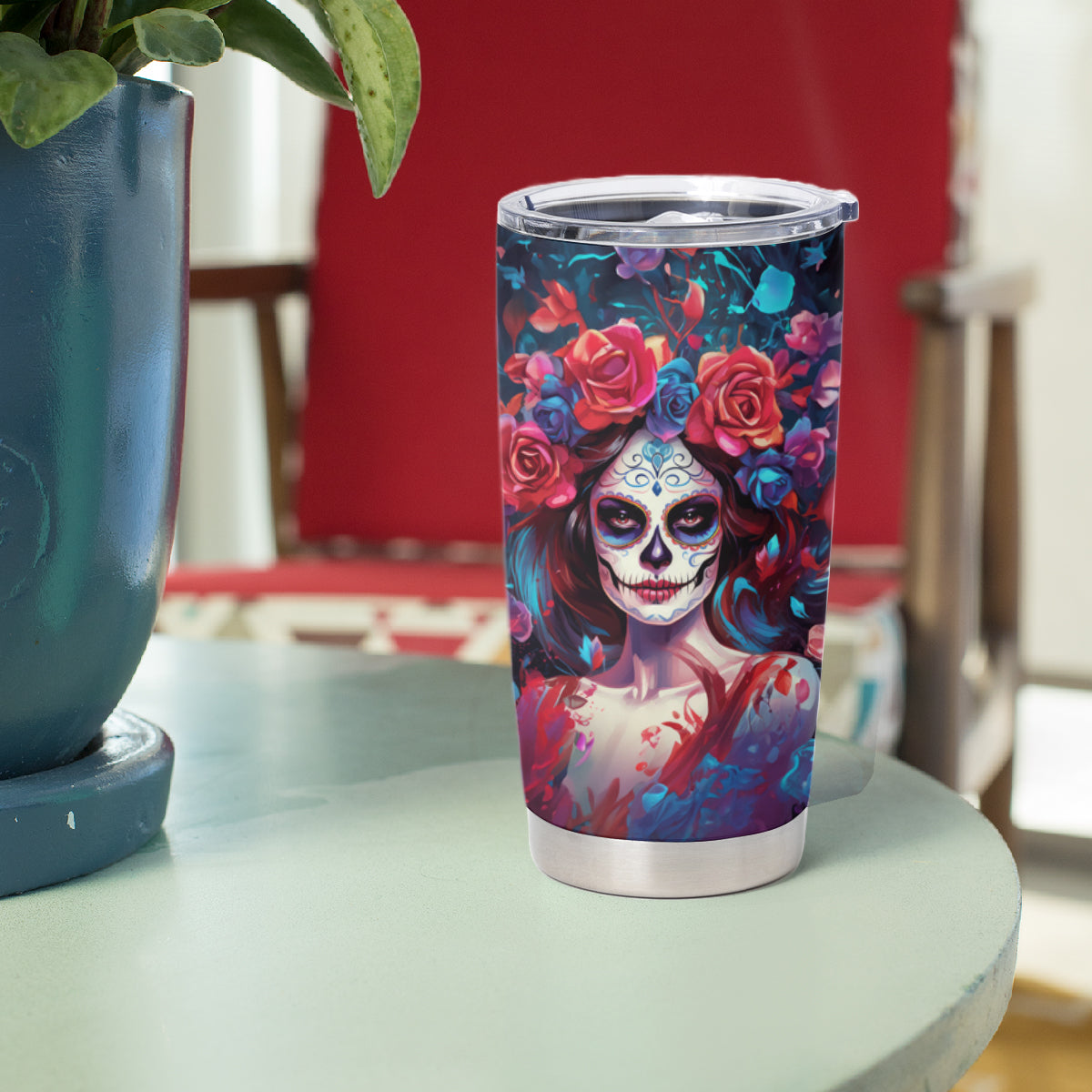 Day of Dead Lady Tumbler Cup Sugar Skull Field Rose Lady - Wonder Print Shop