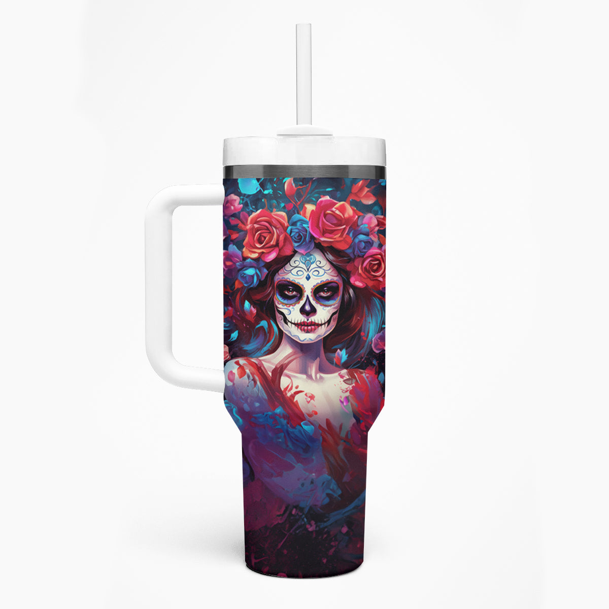 Day of Dead Lady Tumbler With Handle Sugar Skull Field Rose Lady - Wonder Print Shop