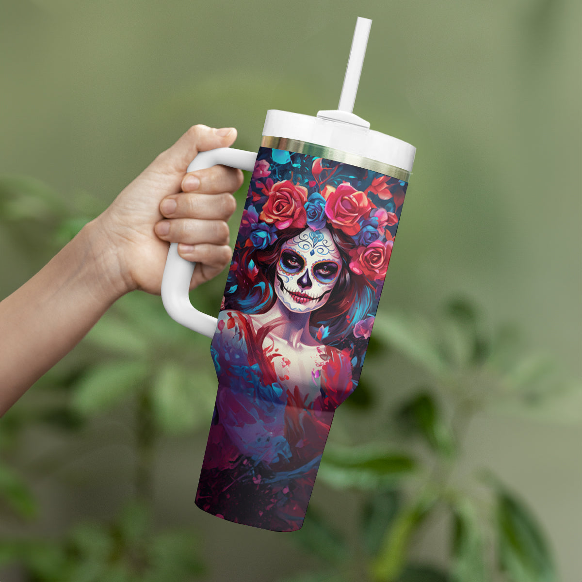 Day of Dead Lady Tumbler With Handle Sugar Skull Field Rose Lady - Wonder Print Shop