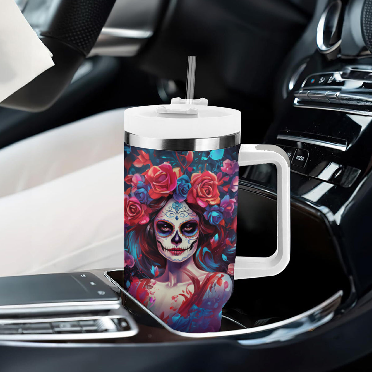 Day of Dead Lady Tumbler With Handle Sugar Skull Field Rose Lady - Wonder Print Shop