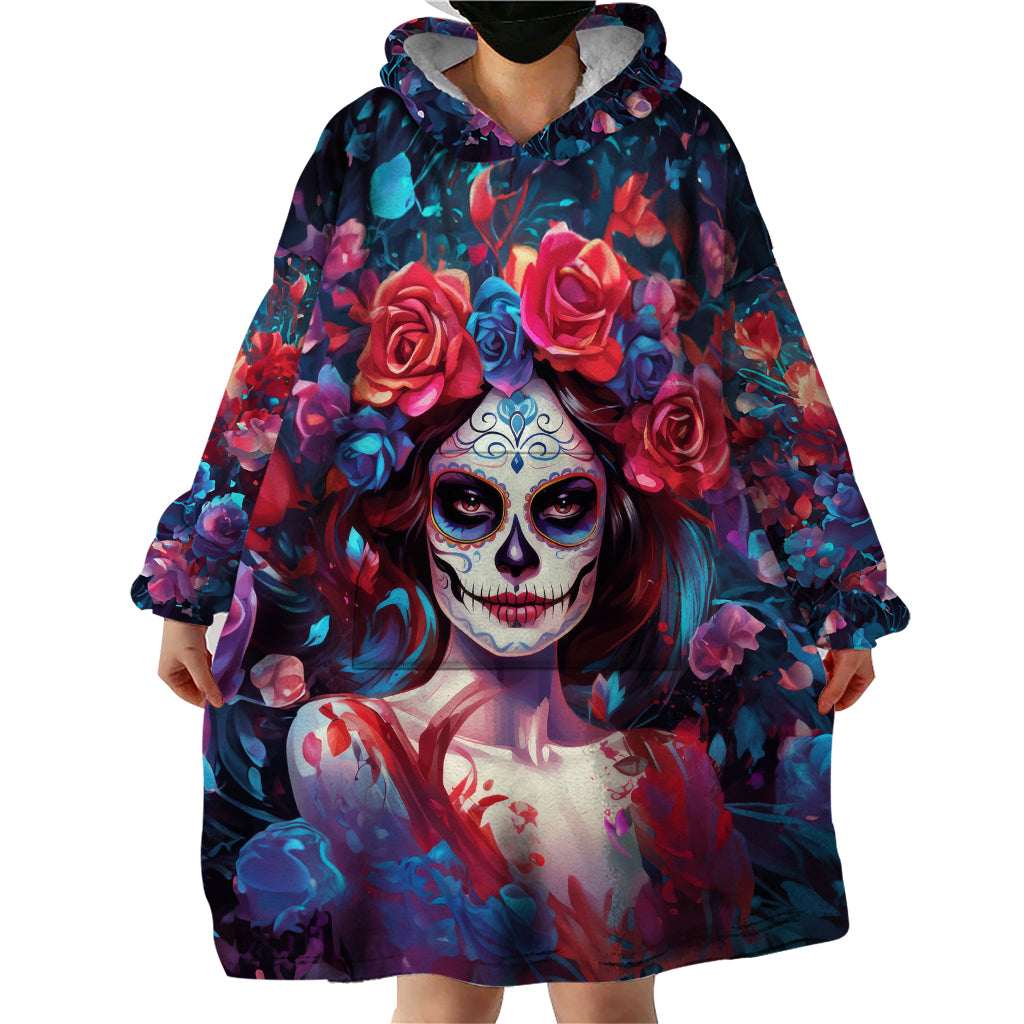 Day of Dead Lady Wearable Blanket Hoodie Sugar Skull Field Rose Lady - Wonder Print Shop