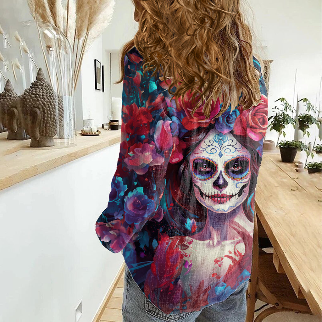 Day of Dead Lady Women Casual Shirt Sugar Skull Field Rose Lady - Wonder Print Shop
