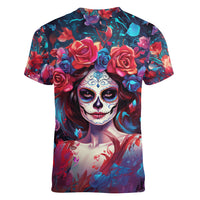 Day of Dead Lady Women V Neck T Shirt Sugar Skull Field Rose Lady - Wonder Print Shop