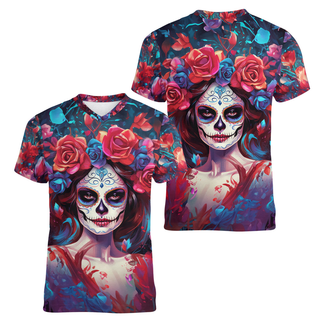 Day of Dead Lady Women V Neck T Shirt Sugar Skull Field Rose Lady - Wonder Print Shop