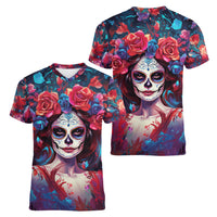 Day of Dead Lady Women V Neck T Shirt Sugar Skull Field Rose Lady - Wonder Print Shop