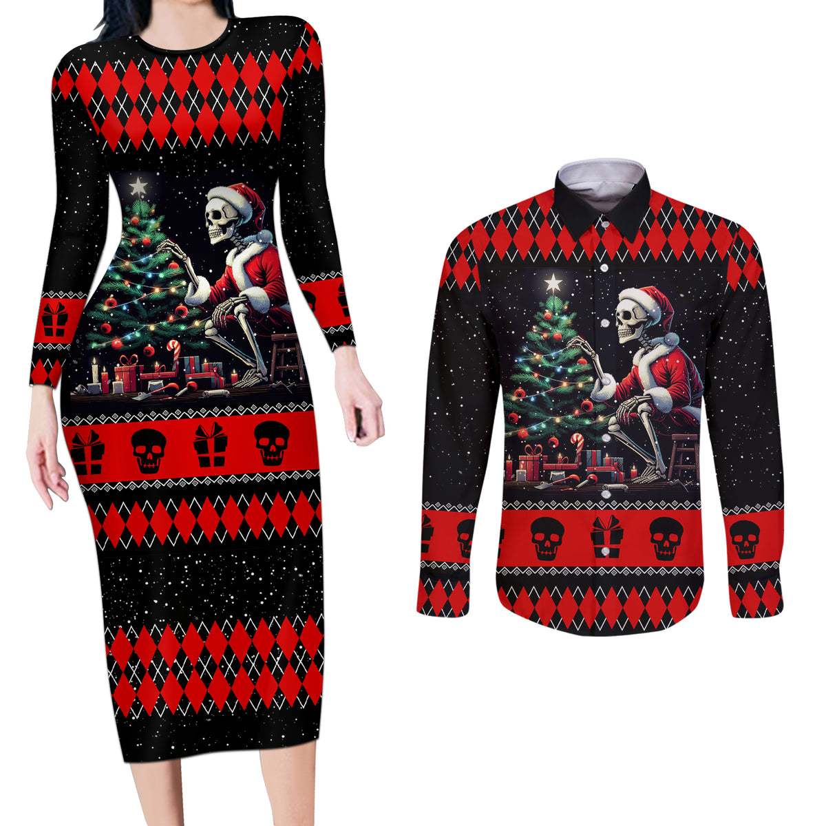 Christmas Skull Couples Matching Long Sleeve Bodycon Dress and Long Sleeve Button Shirt Santa Skull Prepairing For Christmas - Wonder Print Shop