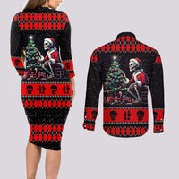 Christmas Skull Couples Matching Long Sleeve Bodycon Dress and Long Sleeve Button Shirt Santa Skull Prepairing For Christmas - Wonder Print Shop