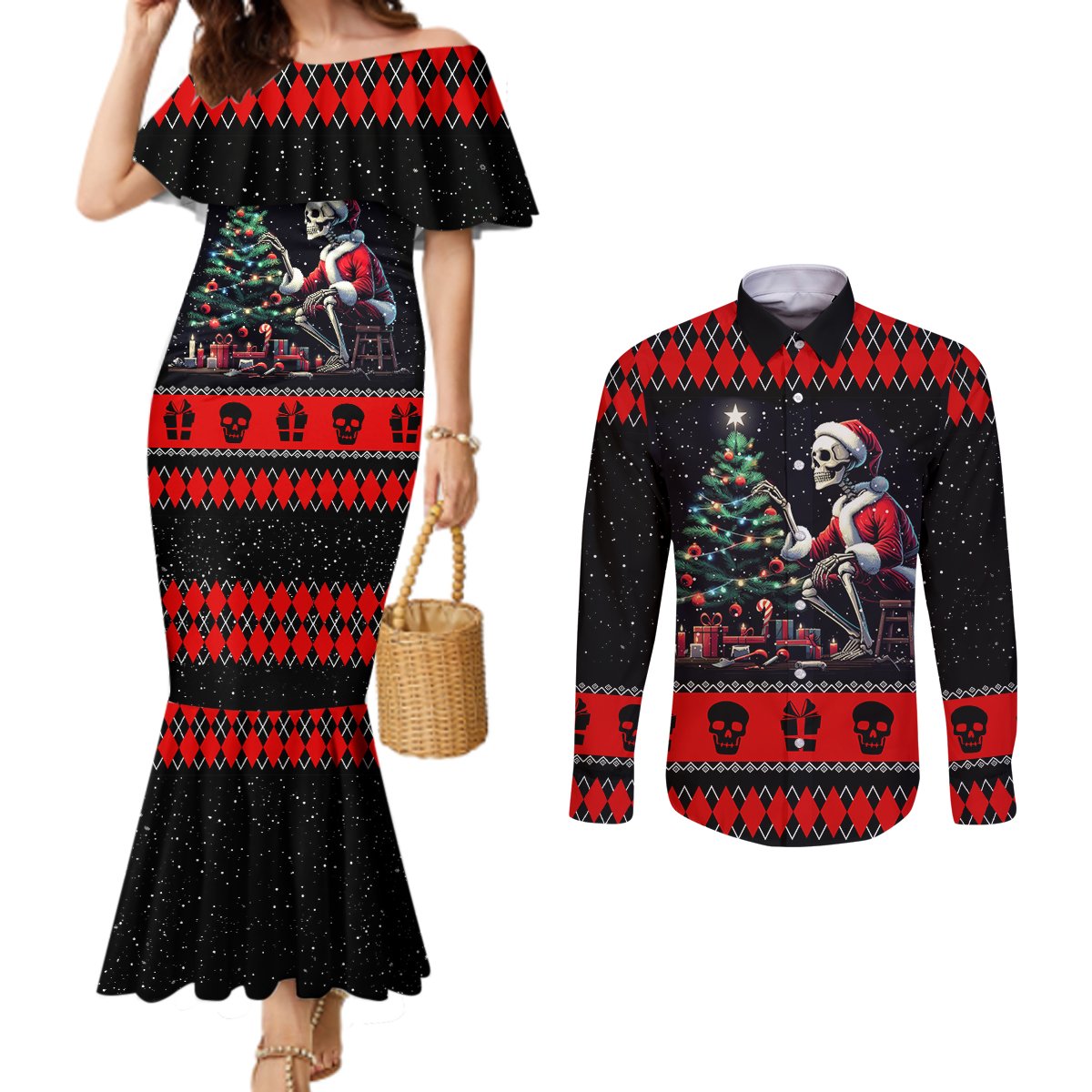 christmas-skull-couples-matching-mermaid-dress-and-long-sleeve-button-shirt-santa-skull-prepairing-for-christmas