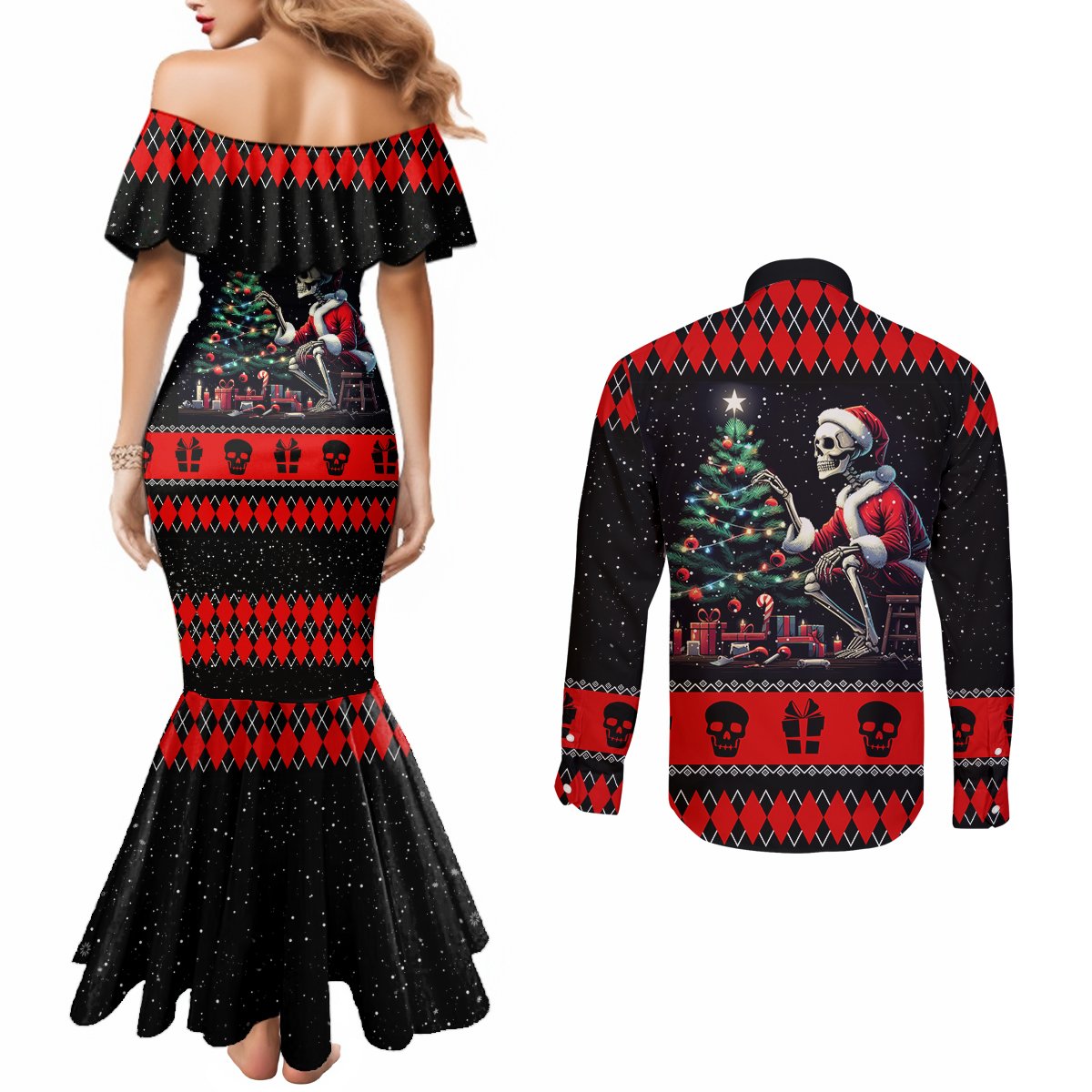 christmas-skull-couples-matching-mermaid-dress-and-long-sleeve-button-shirt-santa-skull-prepairing-for-christmas