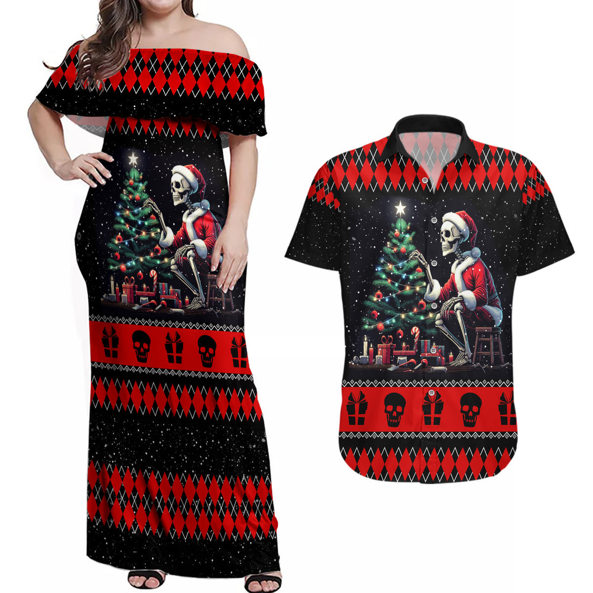 Christmas Skull Couples Matching Off Shoulder Maxi Dress and Hawaiian Shirt Santa Skull Prepairing For Christmas - Wonder Print Shop