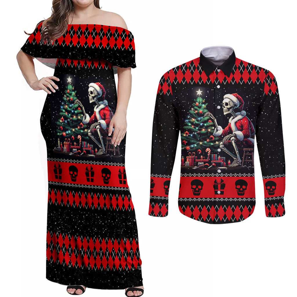 Christmas Skull Couples Matching Off Shoulder Maxi Dress and Long Sleeve Button Shirt Santa Skull Prepairing For Christmas - Wonder Print Shop
