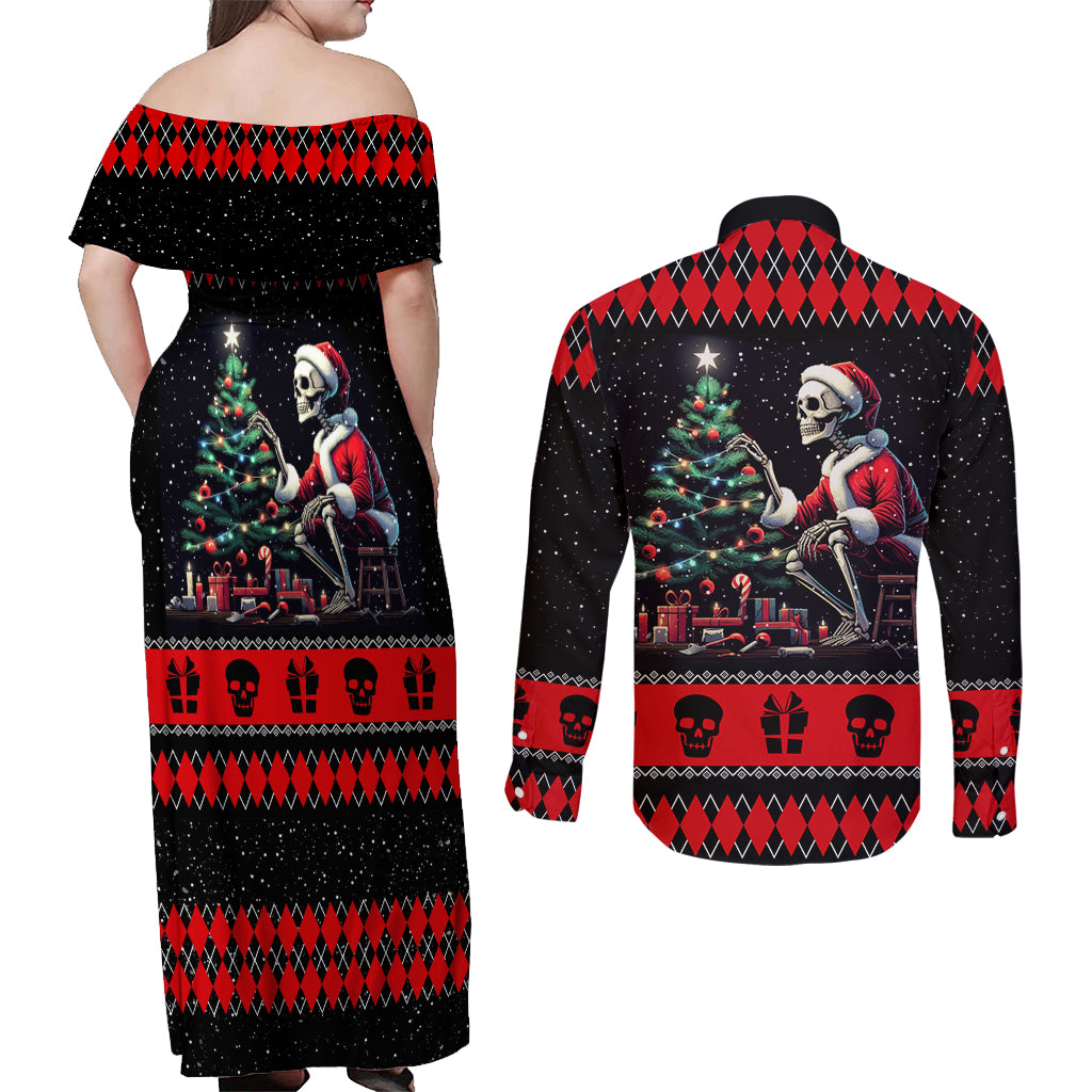 Christmas Skull Couples Matching Off Shoulder Maxi Dress and Long Sleeve Button Shirt Santa Skull Prepairing For Christmas - Wonder Print Shop
