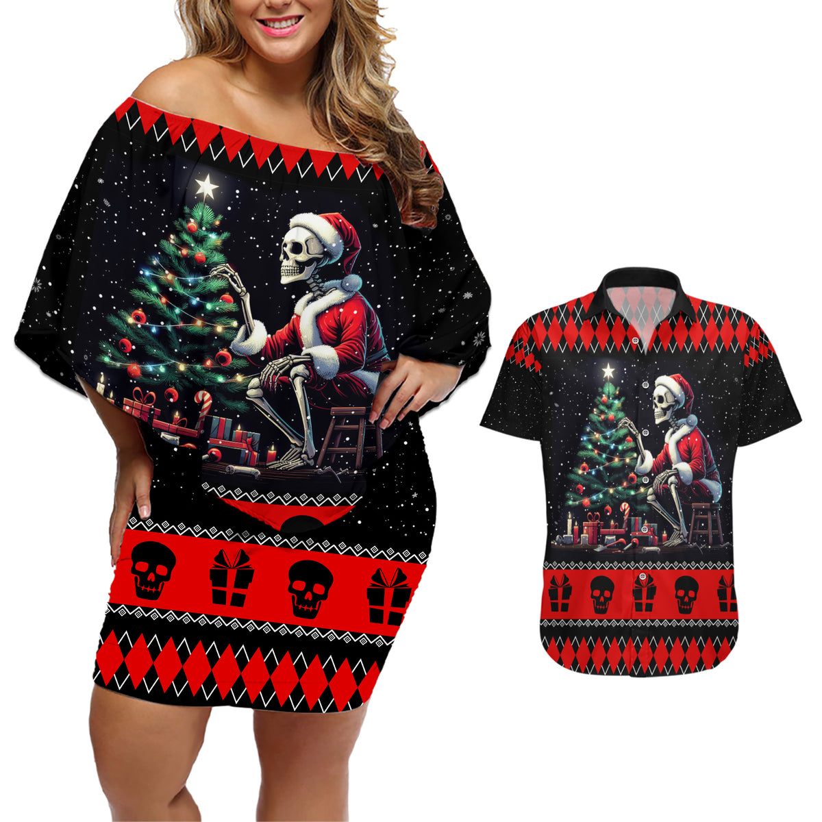 Christmas Skull Couples Matching Off Shoulder Short Dress and Hawaiian Shirt Santa Skull Prepairing For Christmas - Wonder Print Shop
