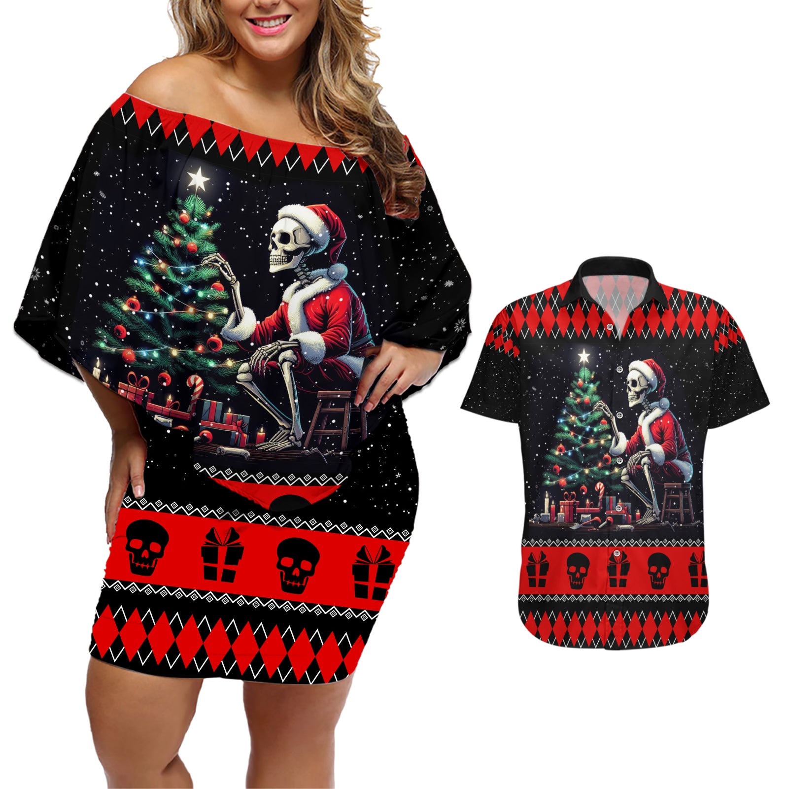 Christmas Skull Couples Matching Off Shoulder Short Dress and Hawaiian Shirt Santa Skull Prepairing For Christmas - Wonder Print Shop