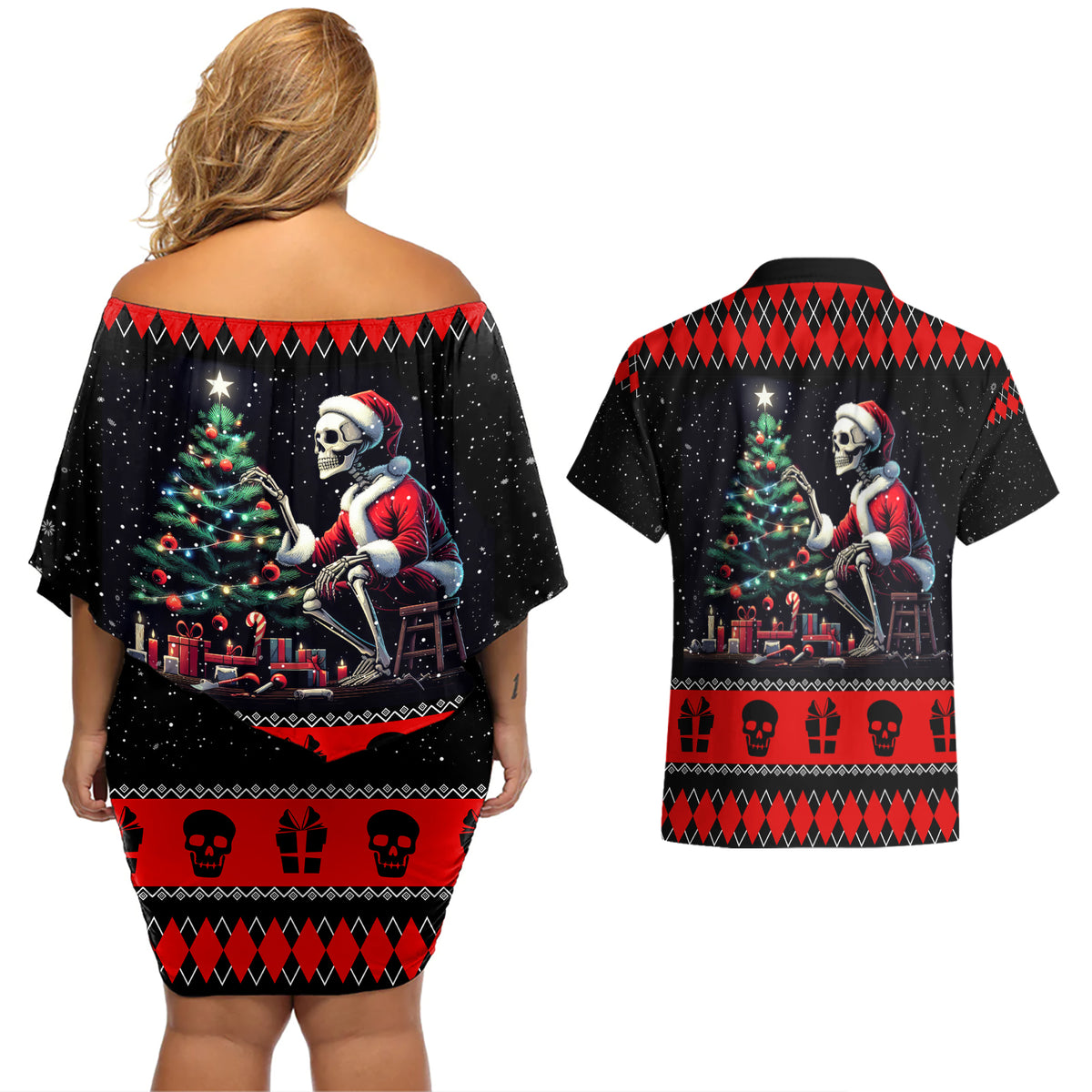 Christmas Skull Couples Matching Off Shoulder Short Dress and Hawaiian Shirt Santa Skull Prepairing For Christmas - Wonder Print Shop