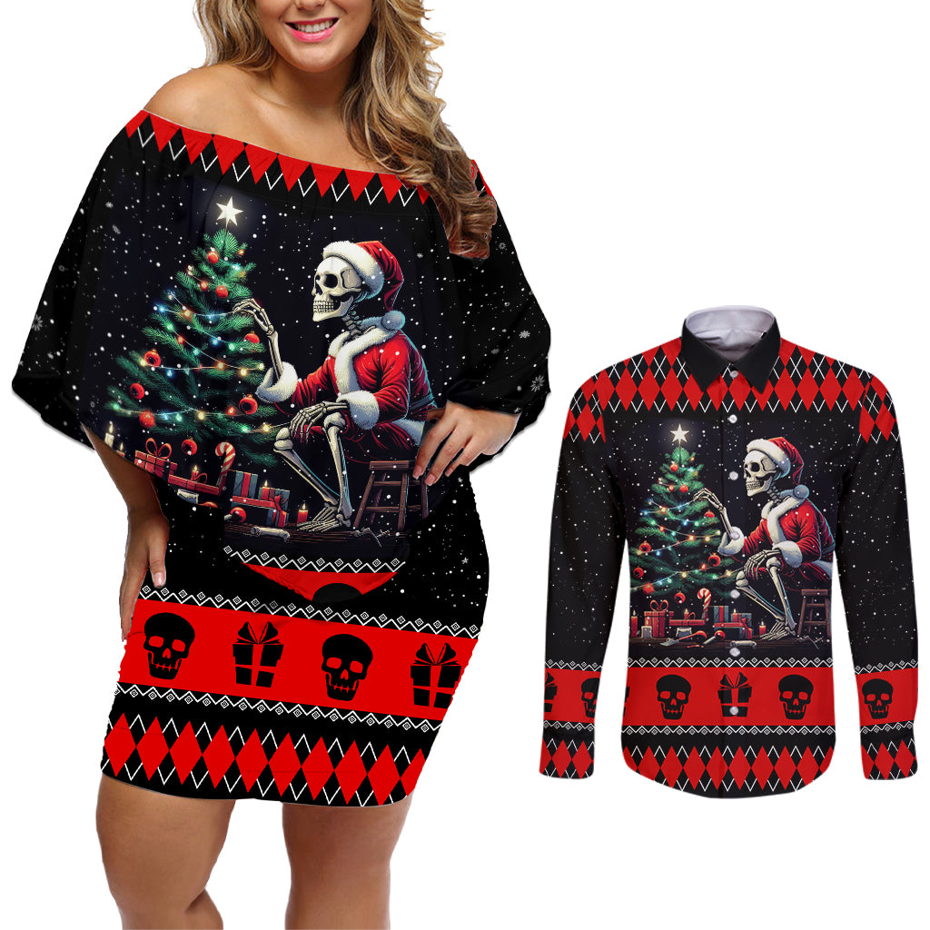 Christmas Skull Couples Matching Off Shoulder Short Dress and Long Sleeve Button Shirt Santa Skull Prepairing For Christmas - Wonder Print Shop