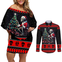 Christmas Skull Couples Matching Off Shoulder Short Dress and Long Sleeve Button Shirt Santa Skull Prepairing For Christmas - Wonder Print Shop